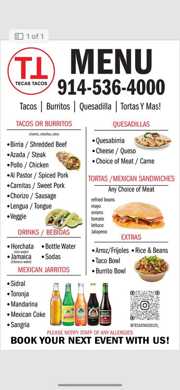 Tecas Tacos menu featuring tacos, burritos, quesadillas, tortas, drinks, and extras.