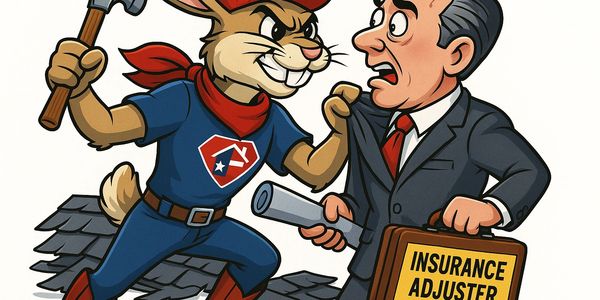 Cartoon rabbit roofer in cap on roof, gripping collar of bad insurance adjuster holding a briefcase.