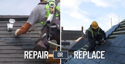 Technician with harness on the left side for repair dividing line between images with word "or" on r