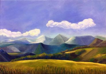 Painting of a serene mountain landscape under a purple sky with fluffy clouds.