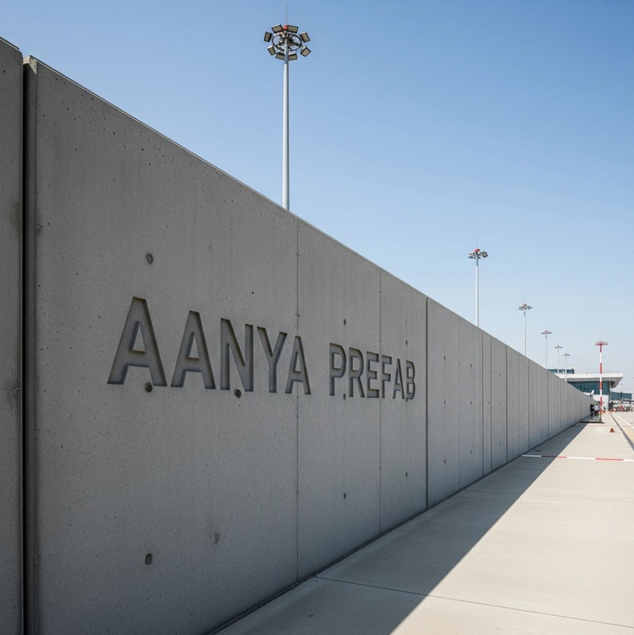 Long concrete wall with "AANYA PREFAB" engraved, under clear blue sky.