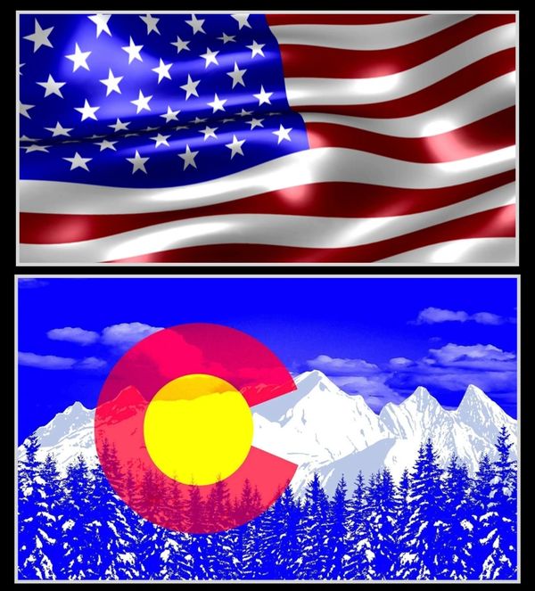 Waving American flag and Colorado state flag with mountains.