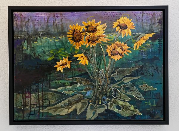 Colorful painting of wild balsamroot, aka arrowleaf balsam, with a textured, abstract background.