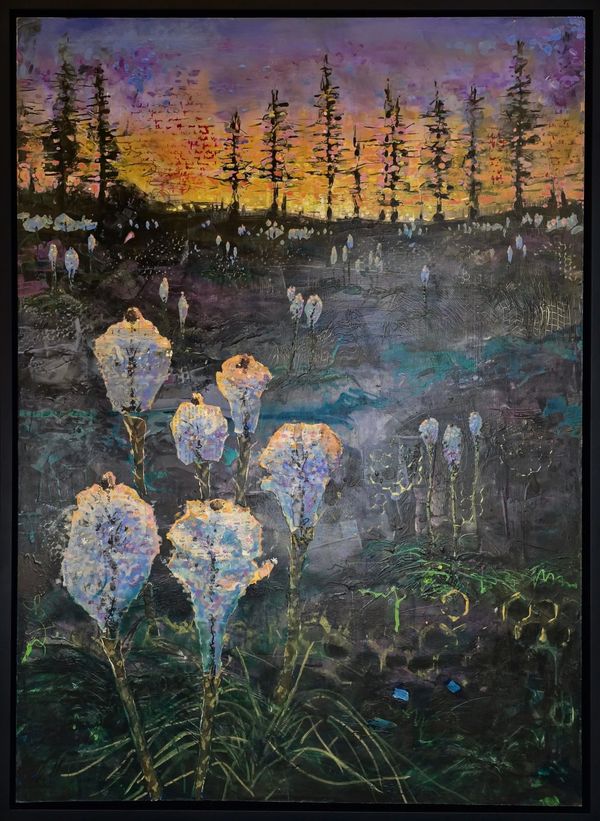 Abstract painting of wild beargrass flowers and trees at sunrise with mixed colors and textures.