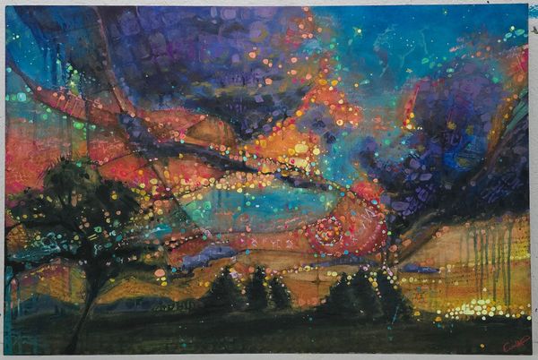 Abstract painting with vibrant colors and scattered light dots.