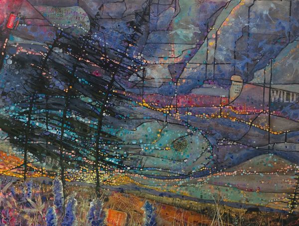 Abstract landscape with vibrant dots of light, horse silouettes in the sky, and dark swirling patterns against a muted background. Wild lupine are in the foreground, illuminated by sunlight.