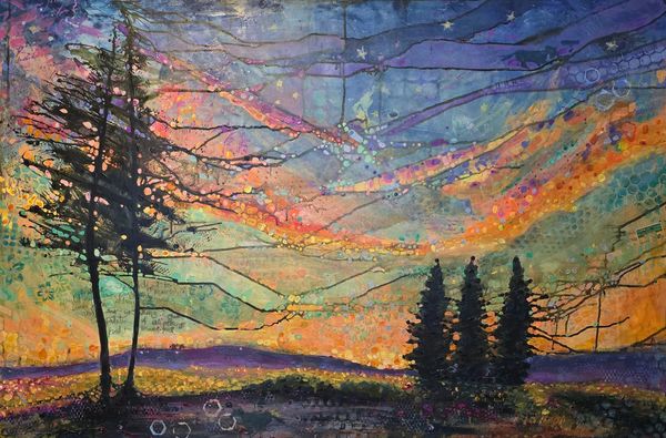 Colorful abstract sunset with silhouetted trees, dancing light, and starry sky.