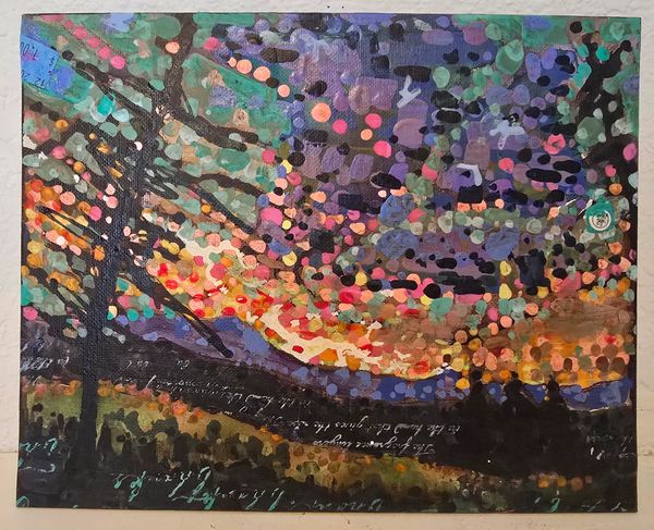 Abstract painting with colorful dots and dark shapes on canvas.