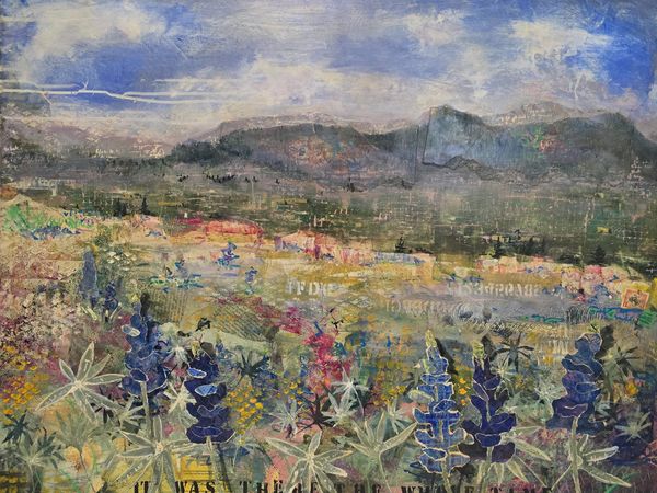 Abstract landscape painting with vibrant wildflowers -- lupine and paintbrush -- and distant Montana mountains under clouds with hidden horses in the sky.