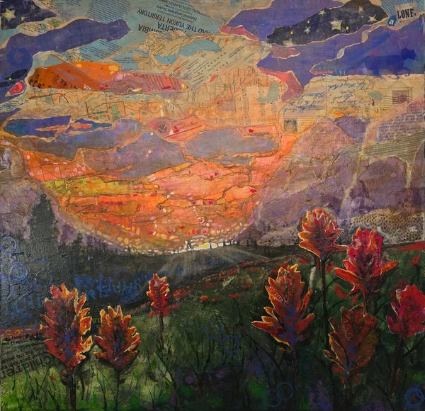 Collage artwork blending autumn leaves with map and text elements and wild paintbrush flowers throughout the foreground.