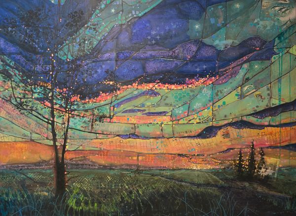 Vibrant abstract landscape with a dark silhouetted tree, a colorful, starry sky, and clouds ready to burst.