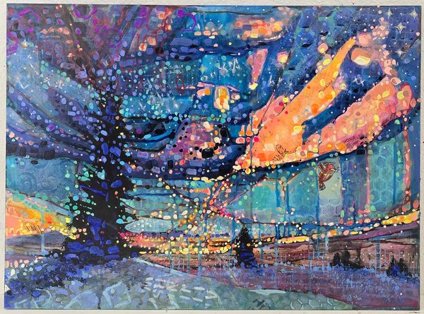 Abstract landscape painting with vibrant blue and orange tones and scattered dots.