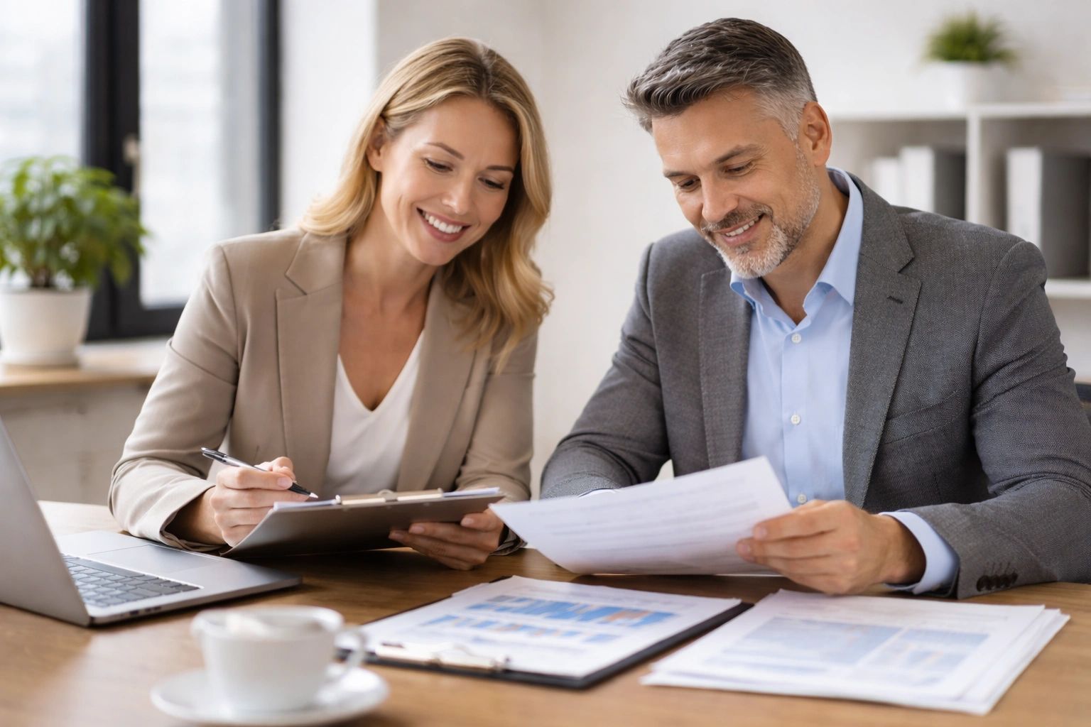 Two professionals review printed documents at a desk in a modern office while discussing the materia