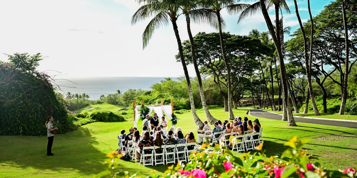 Wedding set up at lower knoll at Gather on Maui.