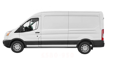 White cargo van with text advertising small and large vans for sale or rent.