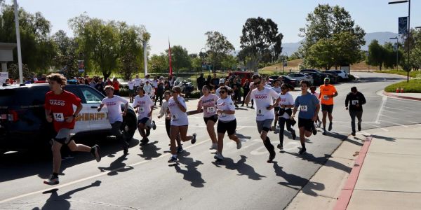 Runners participating in a road race on a sunny day.