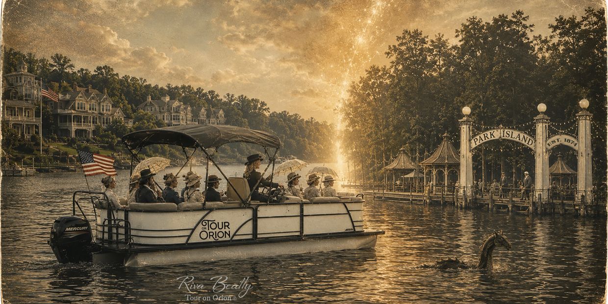 Vintage boat tour on a lake with passengers and a mysterious lake creature.
