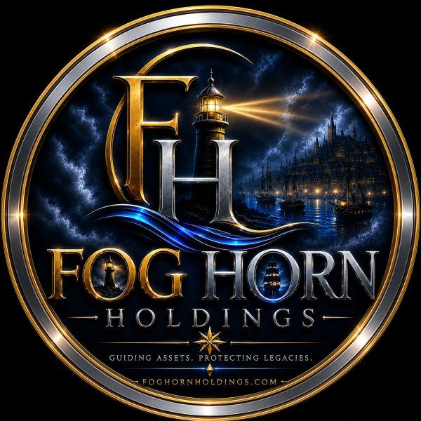 Elegant Fog Horn Holdings logo with lighthouse and stormy sea background.