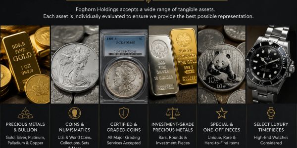 Various tangible assets including precious metals, coins, and luxury timepieces.