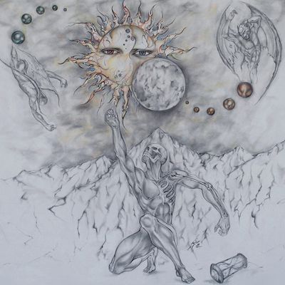 Surreal scene with a skeletal figure and cosmic elements including sun, moon, and demons.