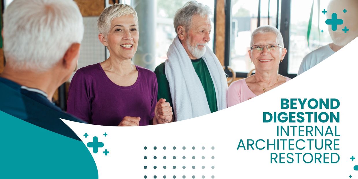 Smiling seniors in a wellness group, promoting internal health restoration.