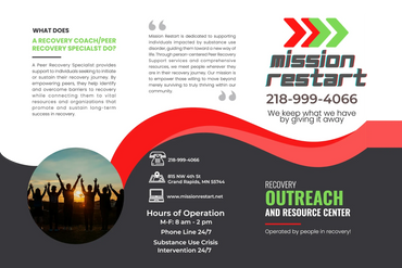 Front side of a Mission Restart tri-fold brochure.