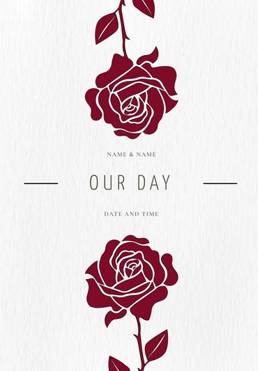 Minimalist wedding invitation featuring two deep red rose illustrations