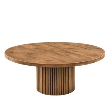 Round wooden table with a slatted cylindrical base.