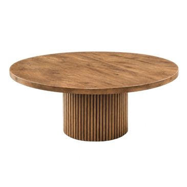 Round wooden table with a slatted cylindrical base.