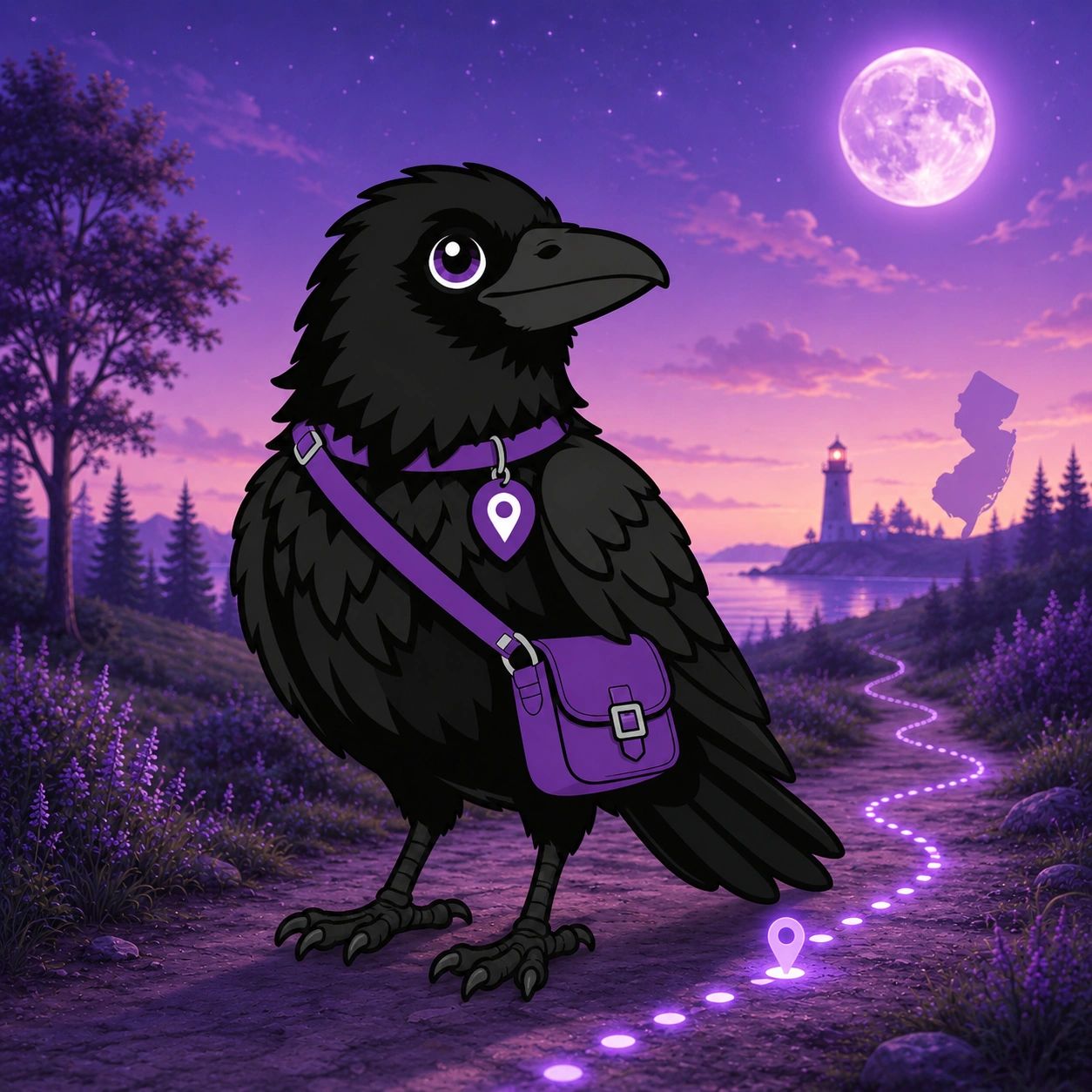 A cute cartoon crow with a purple bag and moonlit path.
