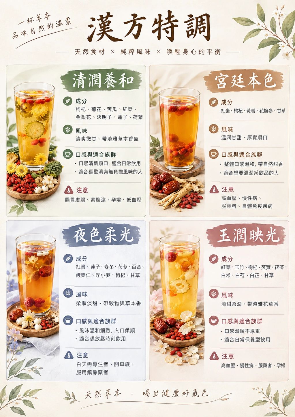清潤養和
成分:枸杞、菊花、苦瓜、紅棗、
金銀花、決明子、蓮子、荷葉
宮廷本色
成分:紅棗、枸杞、黃耆、花旗參、甘草
夜色柔光
成分:紅棗、蓮子、麥冬、茯苓、百合、酸棗仁、浮小麥、枸杞、甘草
玉潤映光