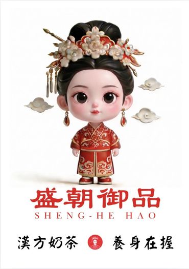 Cute doll in traditional Chinese attire with floral headpiece and calligraphy text.