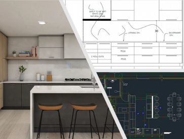 Modern kitchen design with stools and detailed architectural plans.