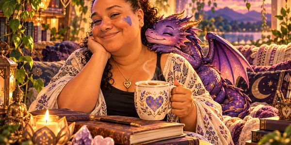 Illustration of Melanie Serrano enjoying a reflective moment with tea, books, and Mei, her little dragon companion.