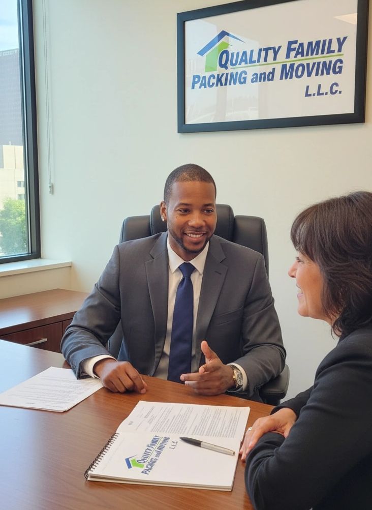 Business meeting at Quality Packing and Moving office with smiling professional man.