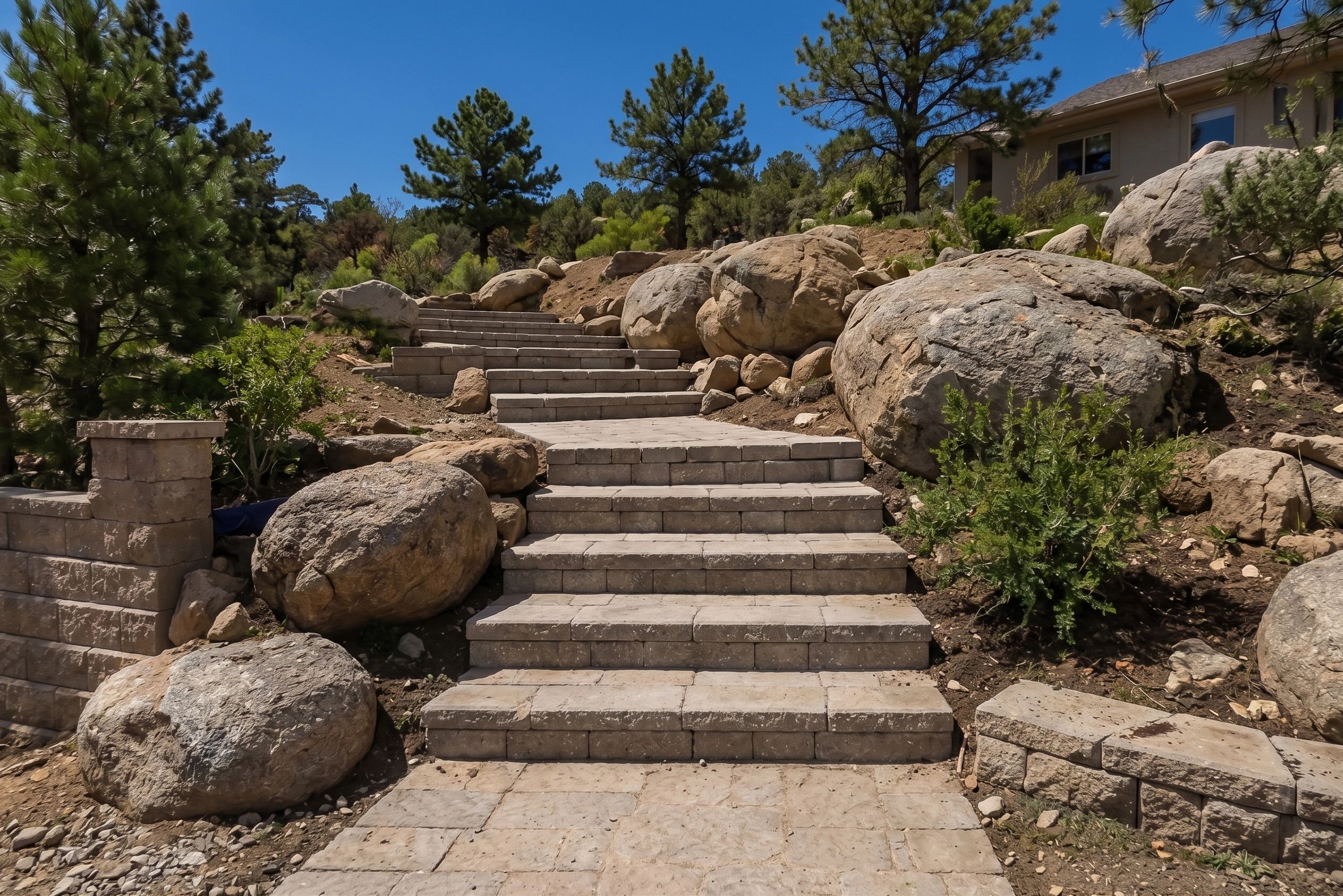 Stone staircase leading up a hill with large rocks and pine trees under a clear sky.