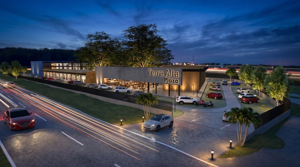 Plaza comercial Terra Alta al anochecer.