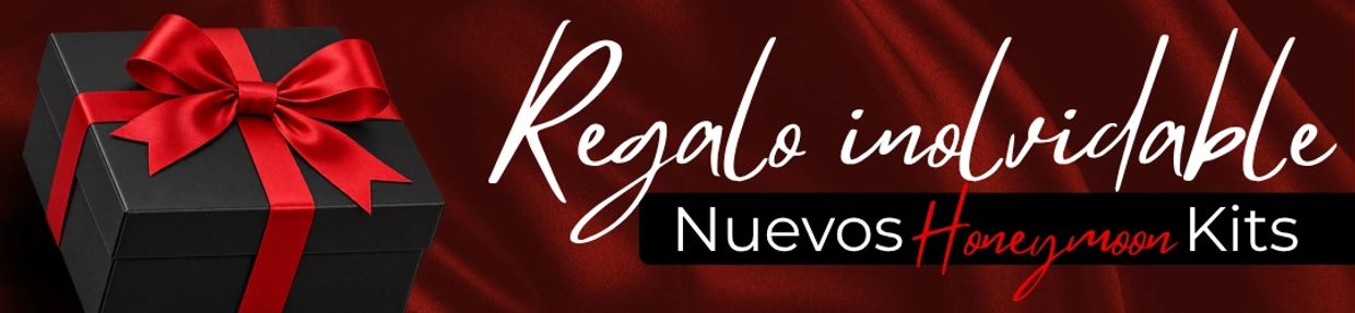 Caja de regalo negra con lazo rojo, texto promocional.