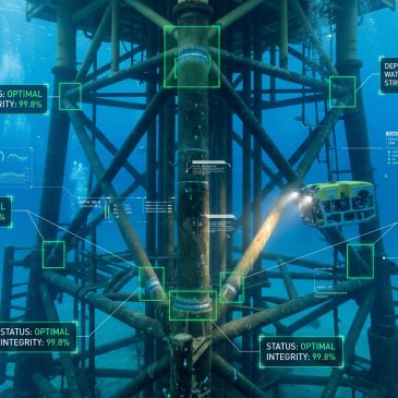 Underwater robot inspecting offshore oil rig structure with data overlays.