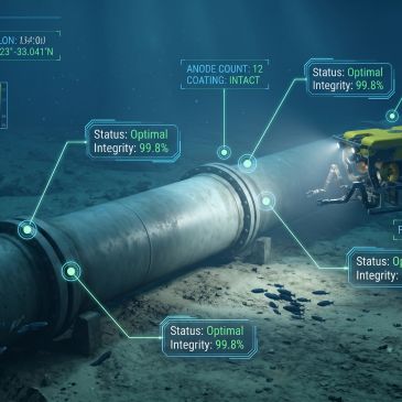Underwater robot inspects a deep-sea pipeline with real-time status and integrity data displays.
