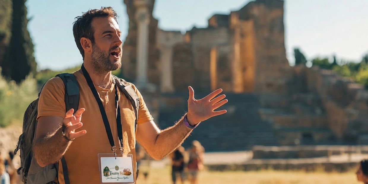 A tour guide passionately explains history at an ancient site.