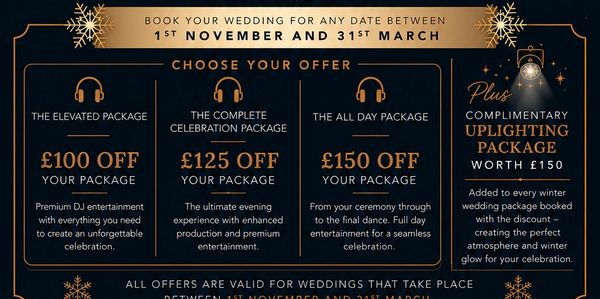 Wedding DJ package discounts and complimentary uplighting offer for winter weddings.