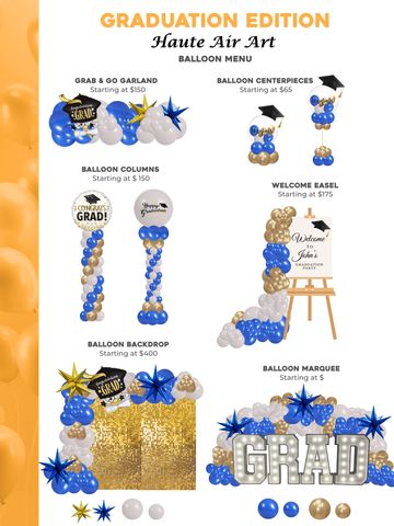 Graduation-themed balloon decorations including columns, centerpieces, and marquee.