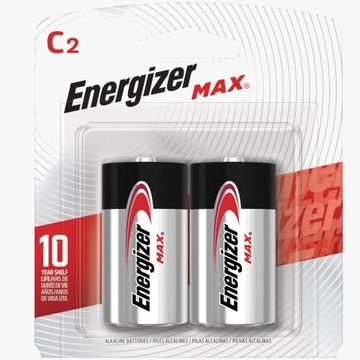 Two Energizer MAX size C batteries in packaging.