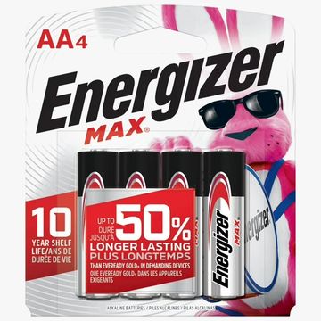 Pack of four Energizer Max AA batteries with 10-year shelf life.