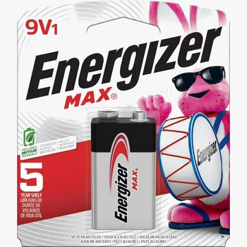 Energizer Max 9V battery pack with mascot playing drum.