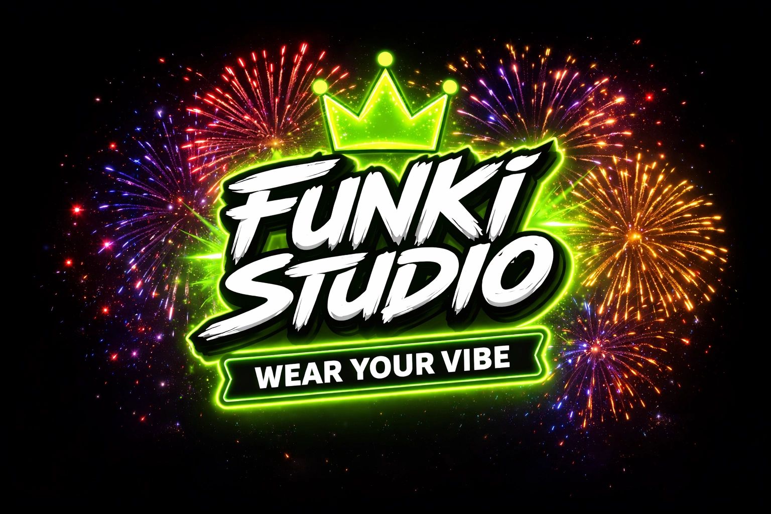 Bright neon logo of Funki Studio with fireworks in background.