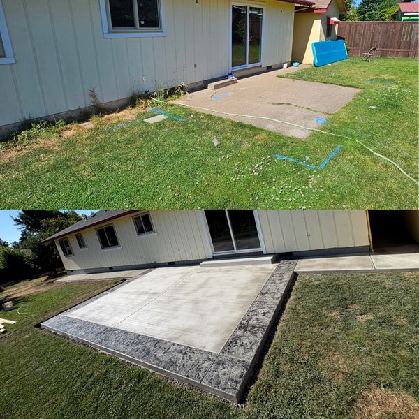 Before and after photos of a backyard patio transformation with new concrete and decorative border.