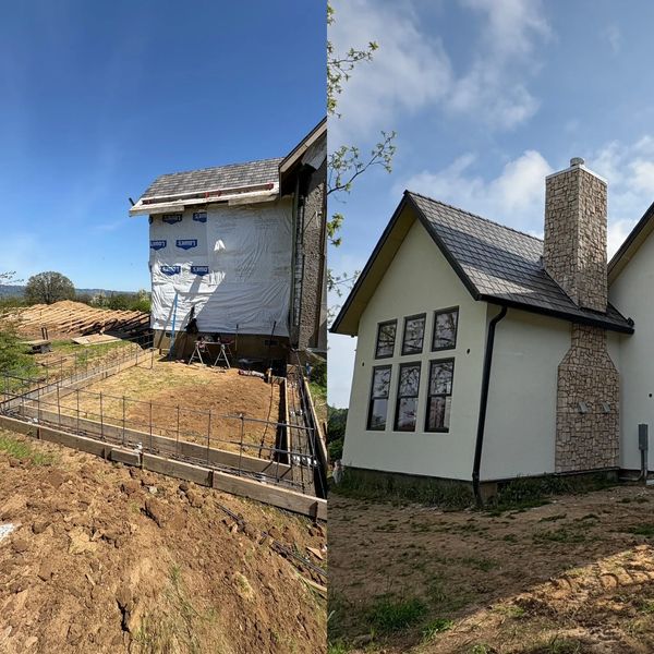 Side-by-side images showing a house under construction and the completed house exterior.
