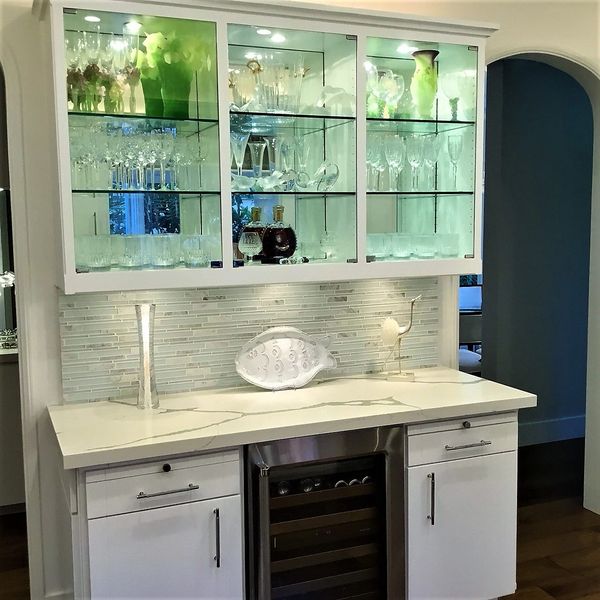 Del Mar remodel glass shelves and wine fridge